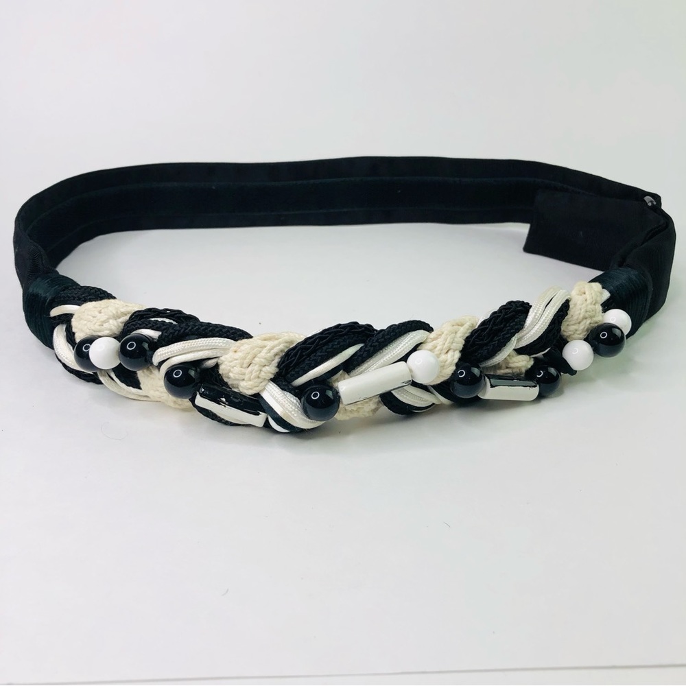 Carolyn Tanner Black & White Beaded Braided Belt Vintage 36” Boho Hippie 1980s